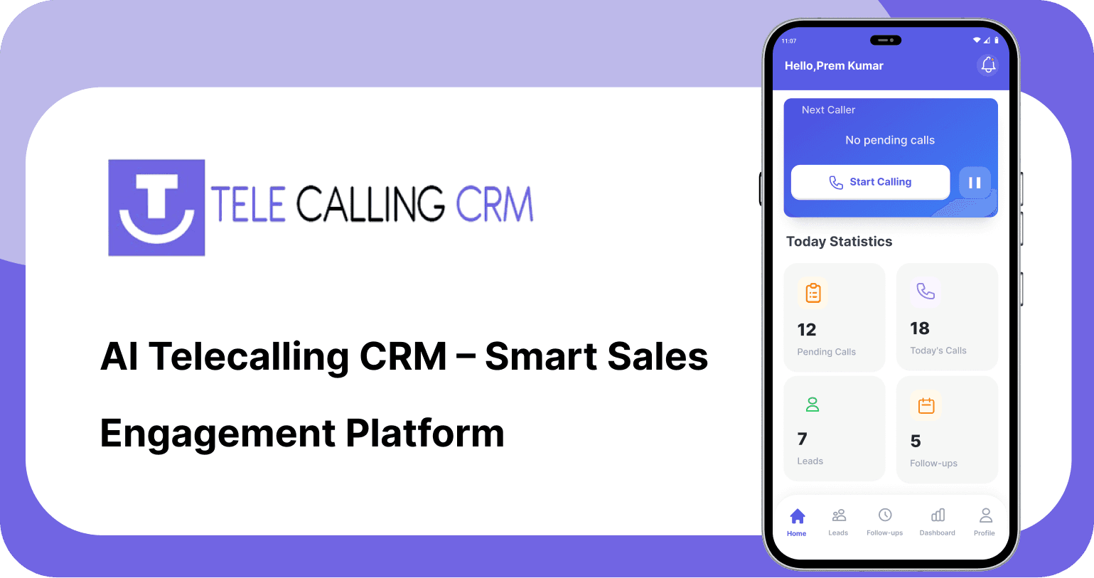 TeleCalling CRM mobile app showing next caller, pending calls and follow-ups, built by OZRIT with AI lead insights