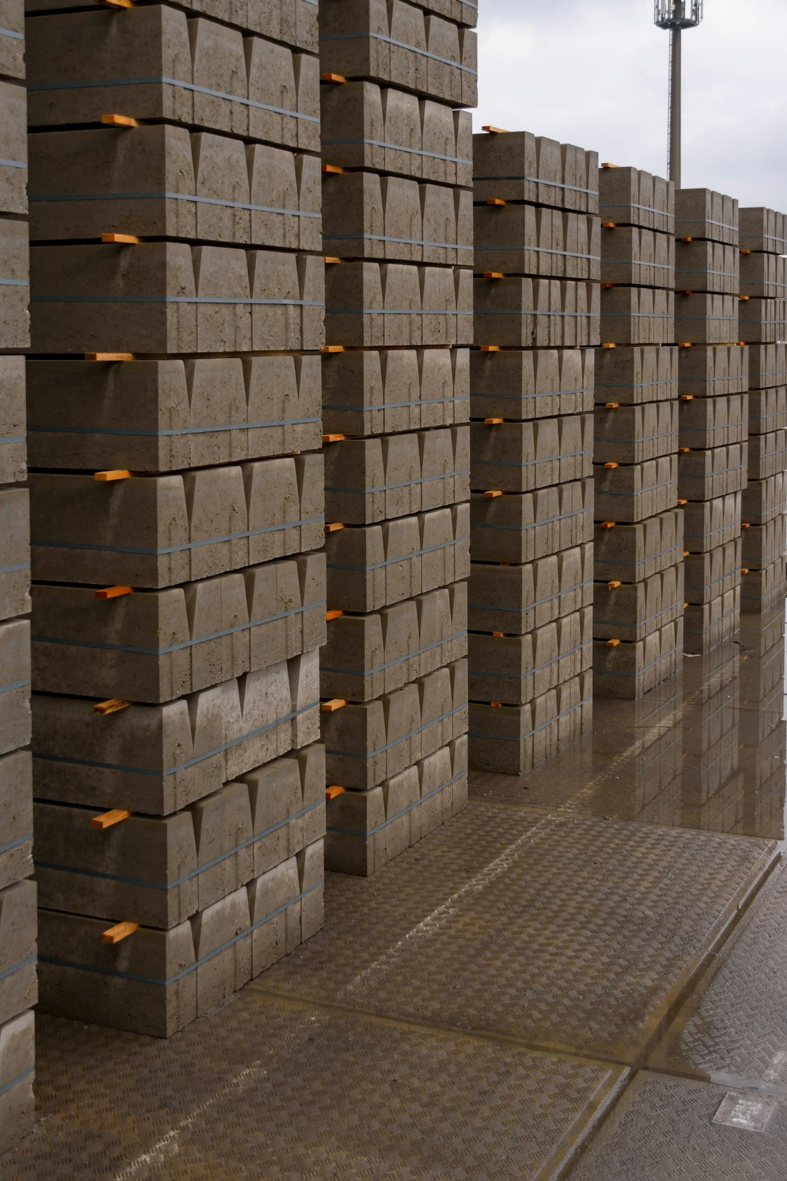 Stacks of concrete blocks in a material yard, stock that barcode and inventory tools can help track