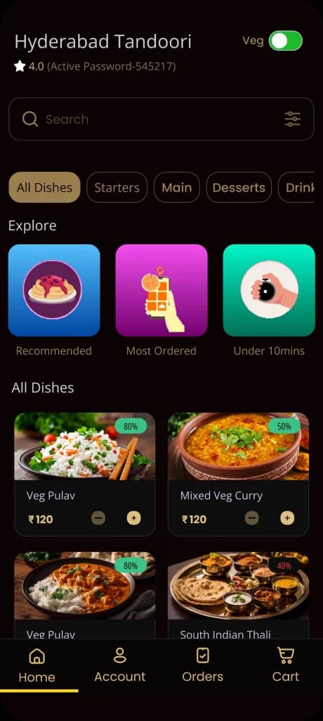 Restaurant menu screen in a food ordering app with dish categories, veg filter, search and discounted dishes