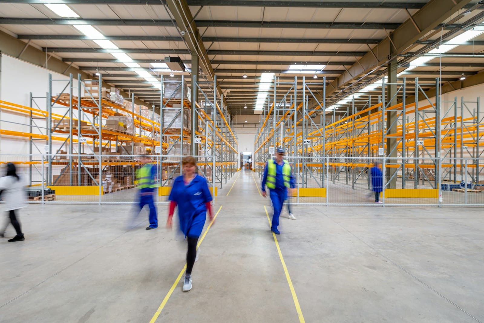 Staff walking through a bright warehouse aisle with high racking