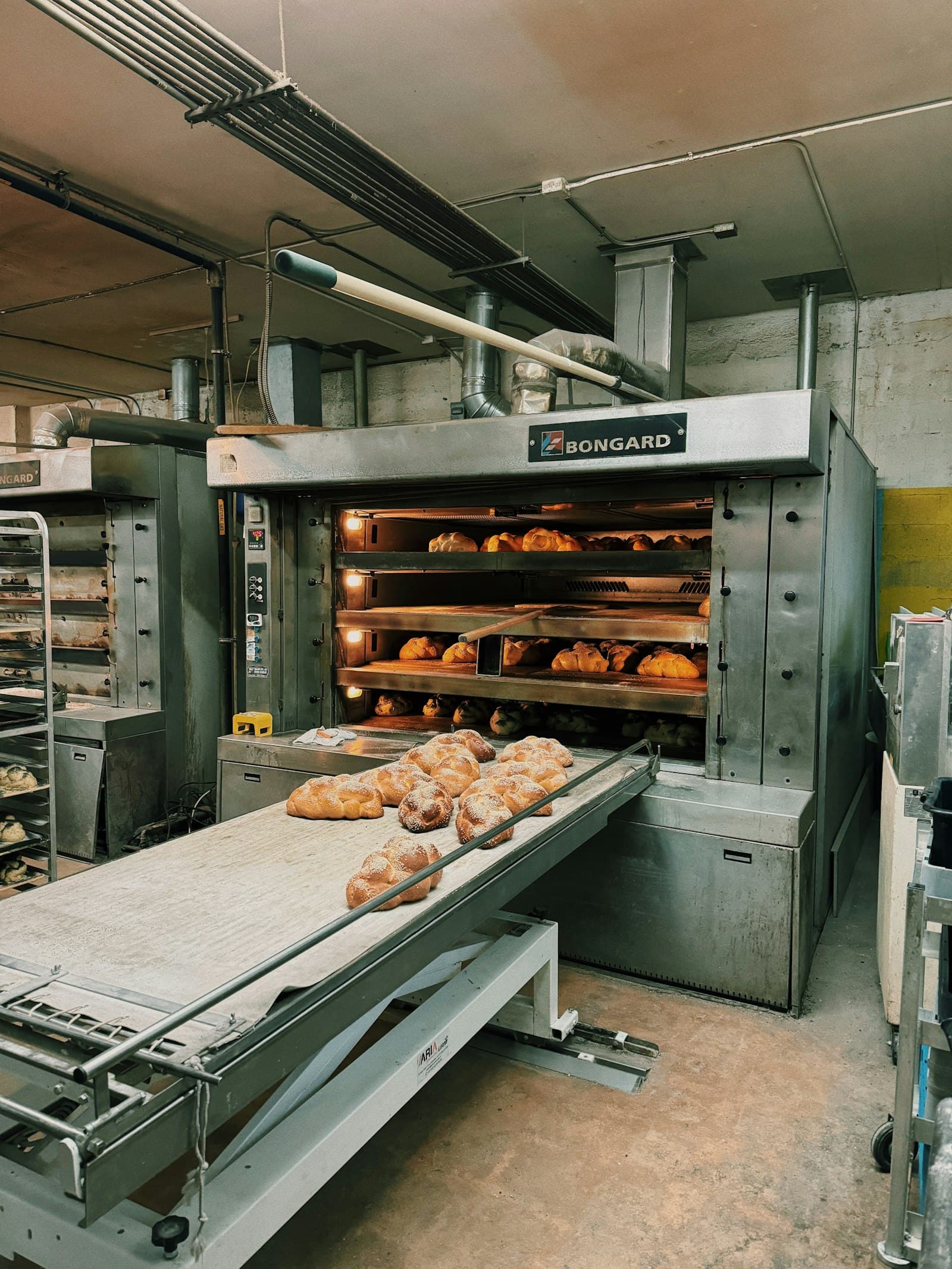 Industrial bakery oven with freshly baked bread on a conveyor