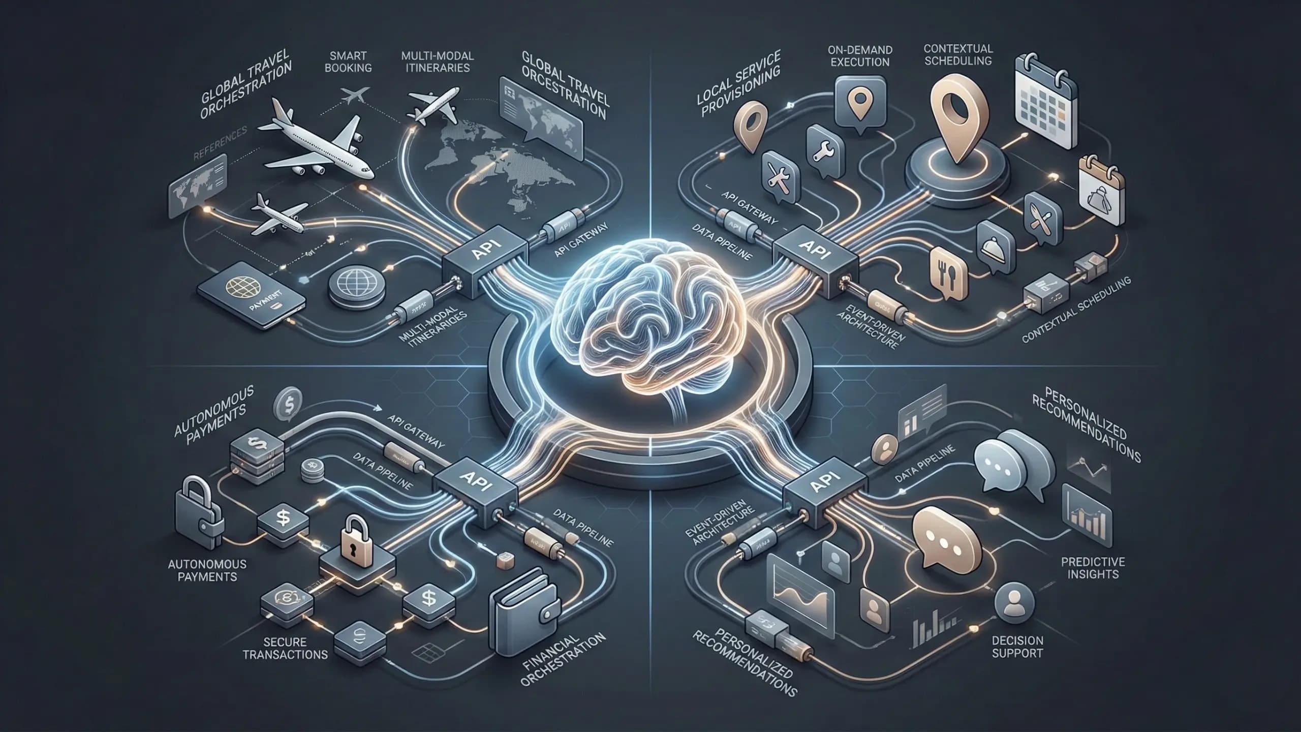 A diagram illustrating a central artificial intelligence brain connected via API gateways and data pipelines to four distinct functional areas: Global Travel Orchestration, Local Service Provisioning, Autonomous Payments, and Personalized Recommendations, showing an interconnected, event-driven architecture.