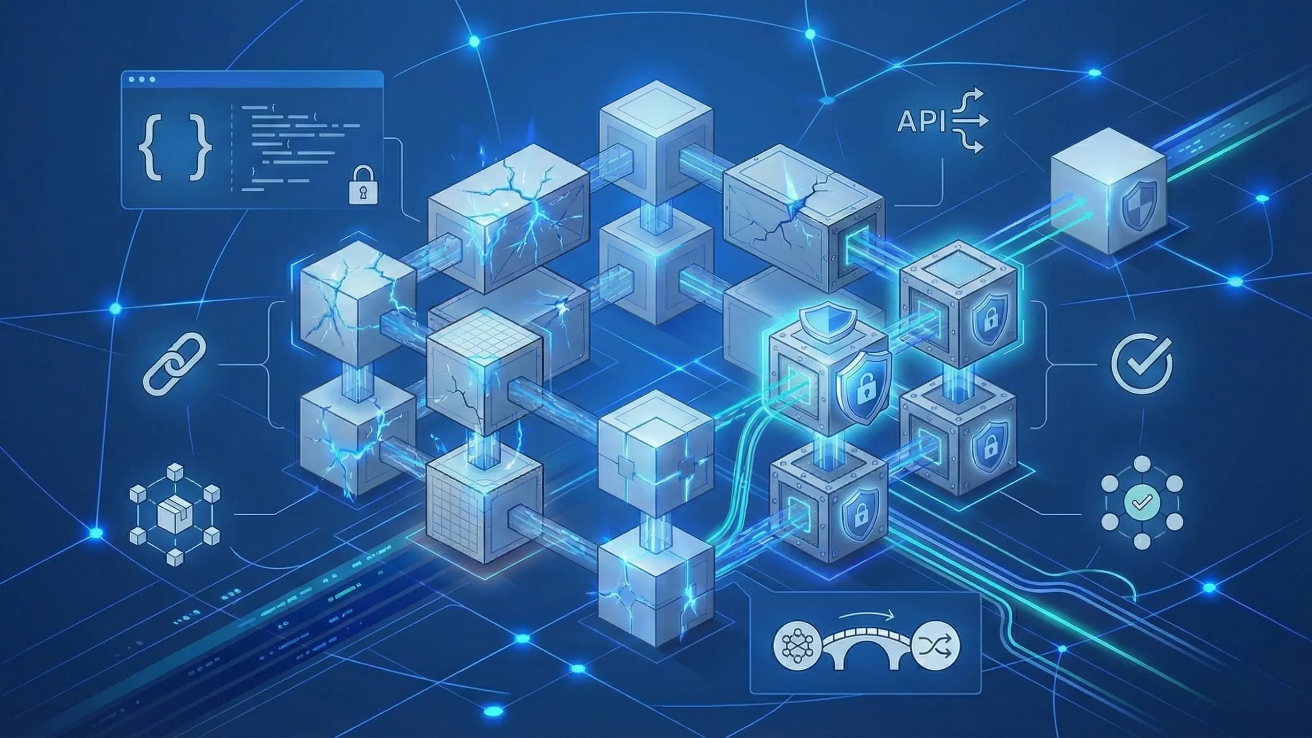 A 3D digital illustration showing a blockchain network in transition, featuring cracked, vulnerable blocks juxtaposed with reinforced, shield-protected nodes and cryptographic symbols.