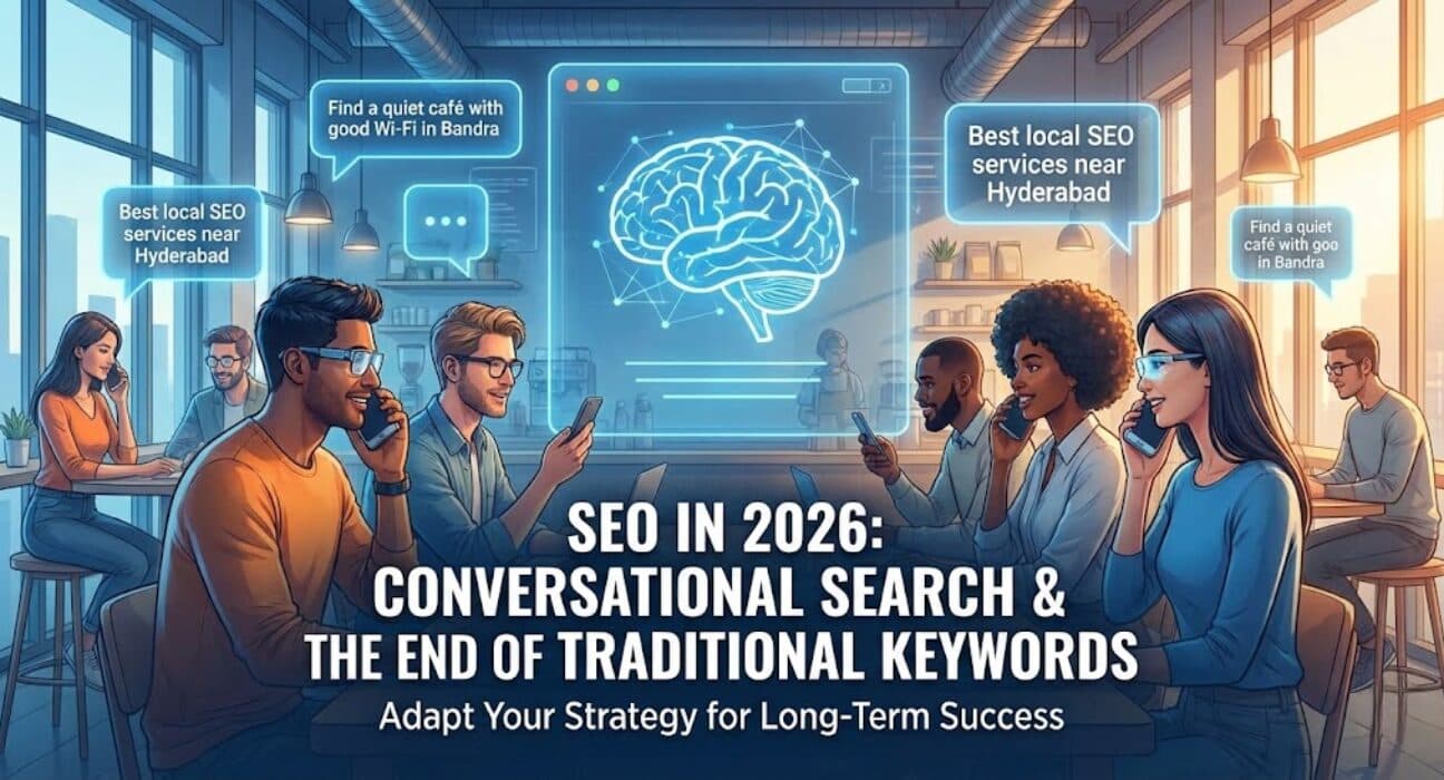 Conversational search and AI-driven SEO concept showing natural language queries in 2026