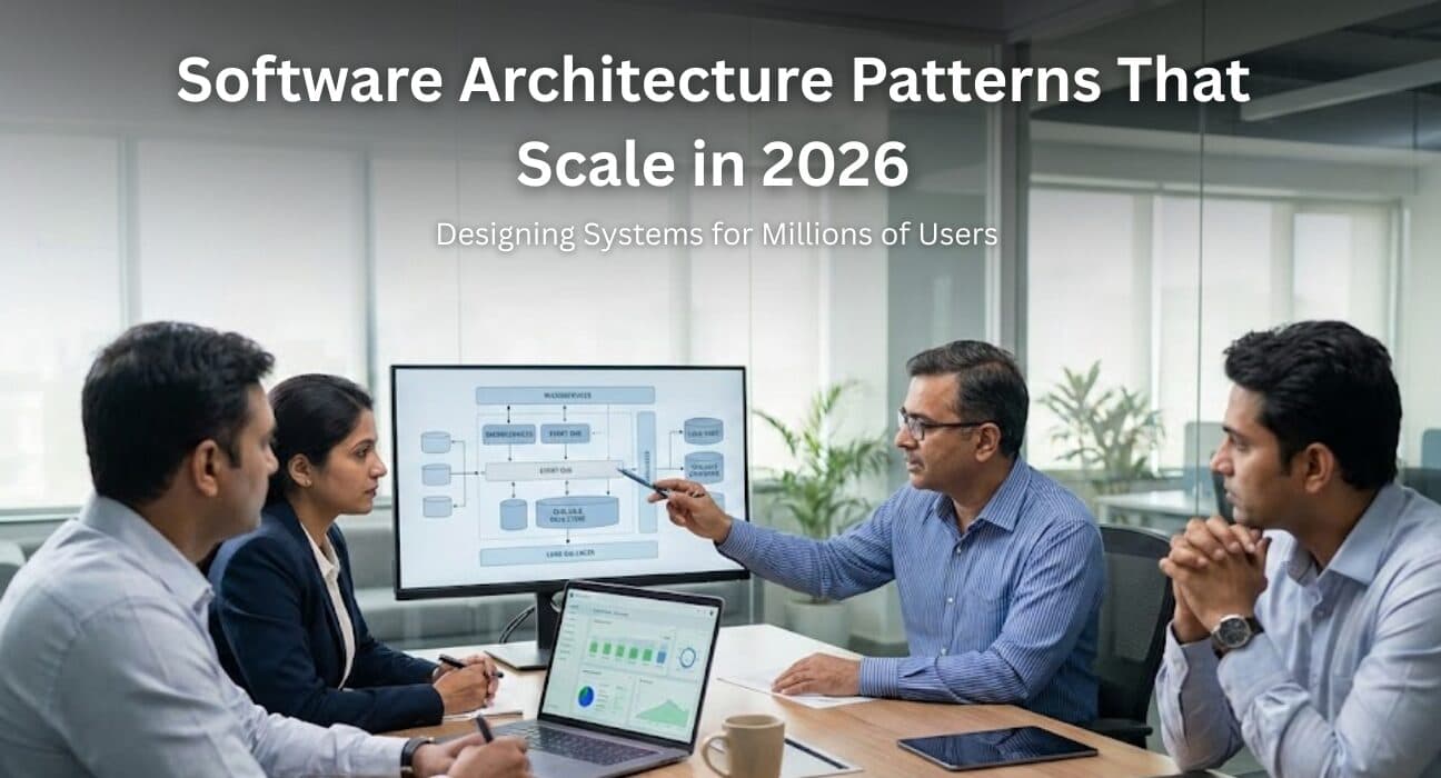 Indian enterprise software architects discussing scalable cloud architecture with microservices, Kubernetes, and API gateway strategy in a modern tech office.