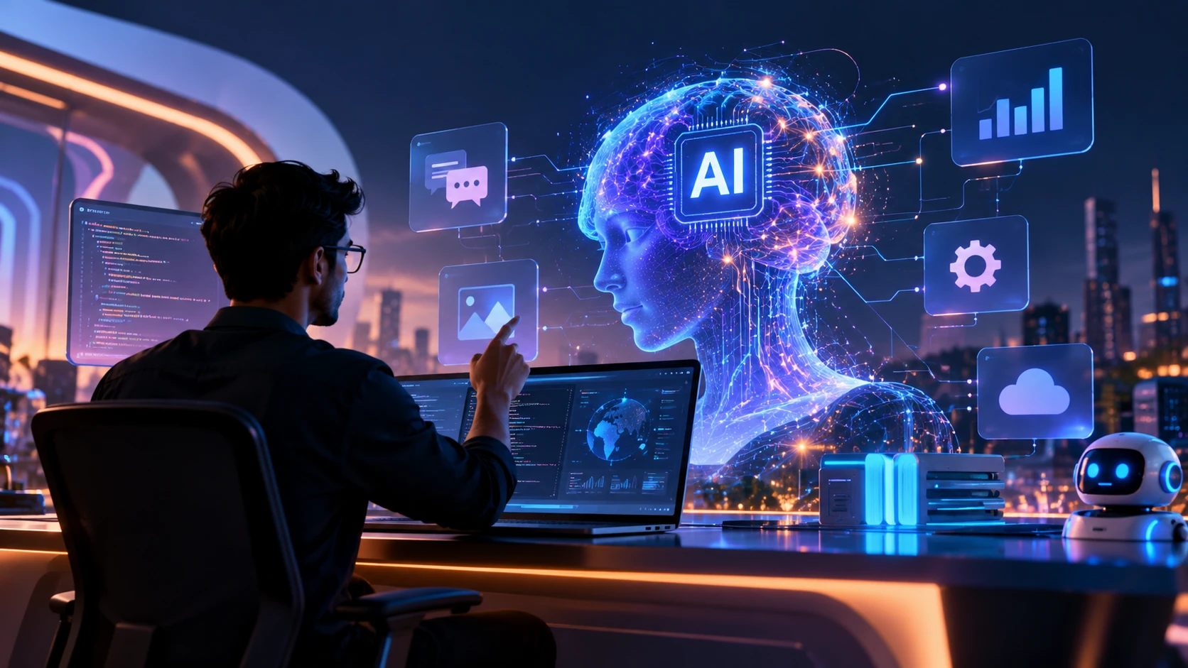 An AI engineer at a workstation reviewing a language model, chat, vision and analytics tools
