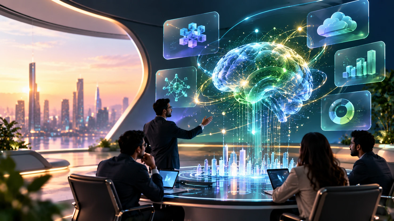A leadership team reviewing an AI strategy around a holographic city model
