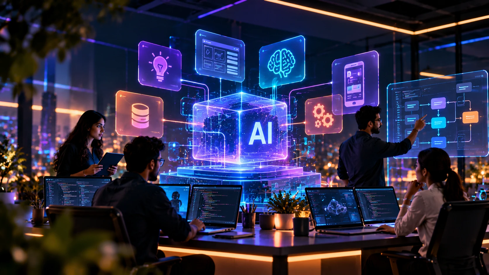 OZRIT engineers and designers building an AI platform together, with data, apps, models and workflows connected around a central AI core