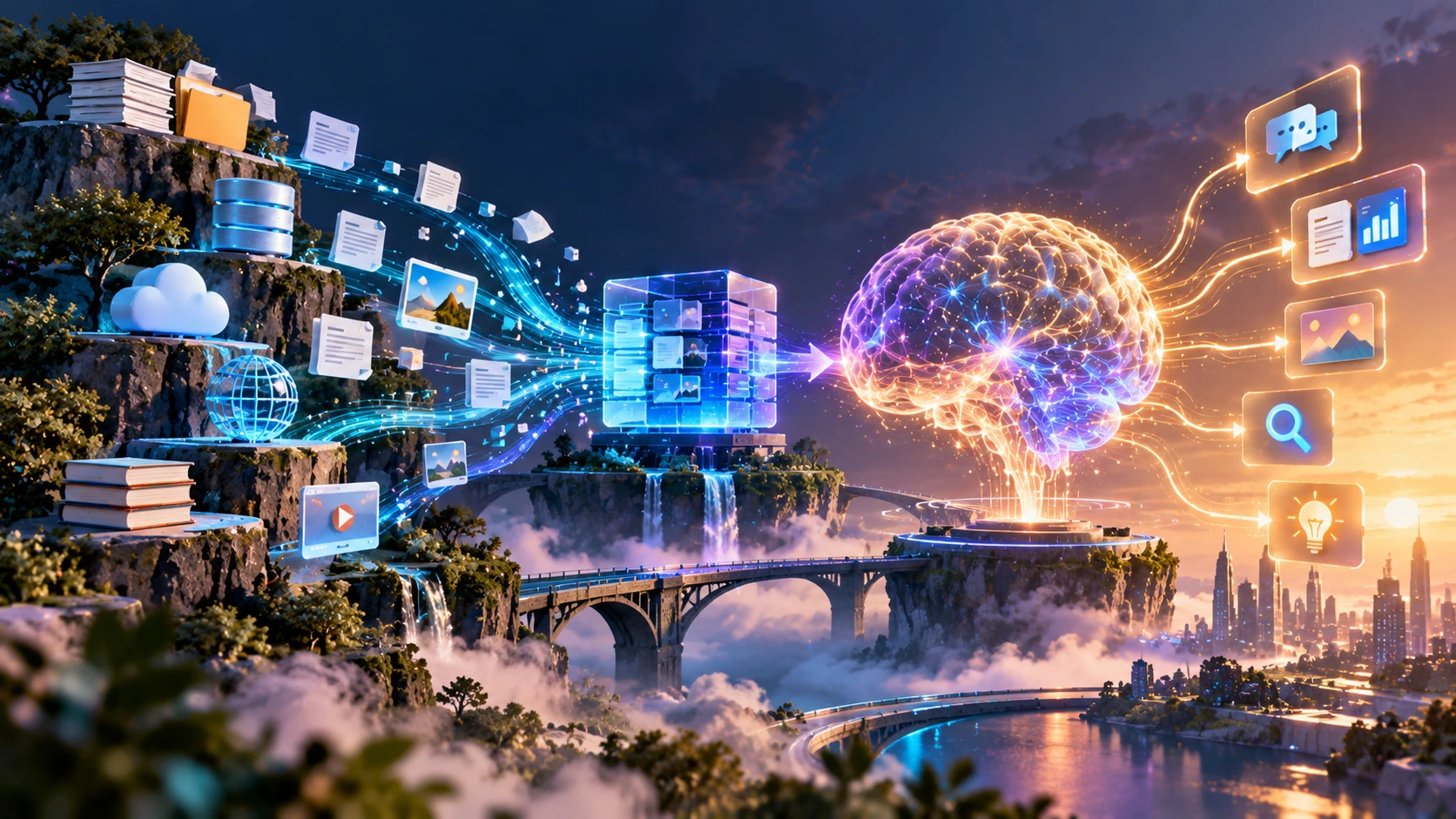 Documents, databases and cloud services flowing into a glowing AI model across a bridge