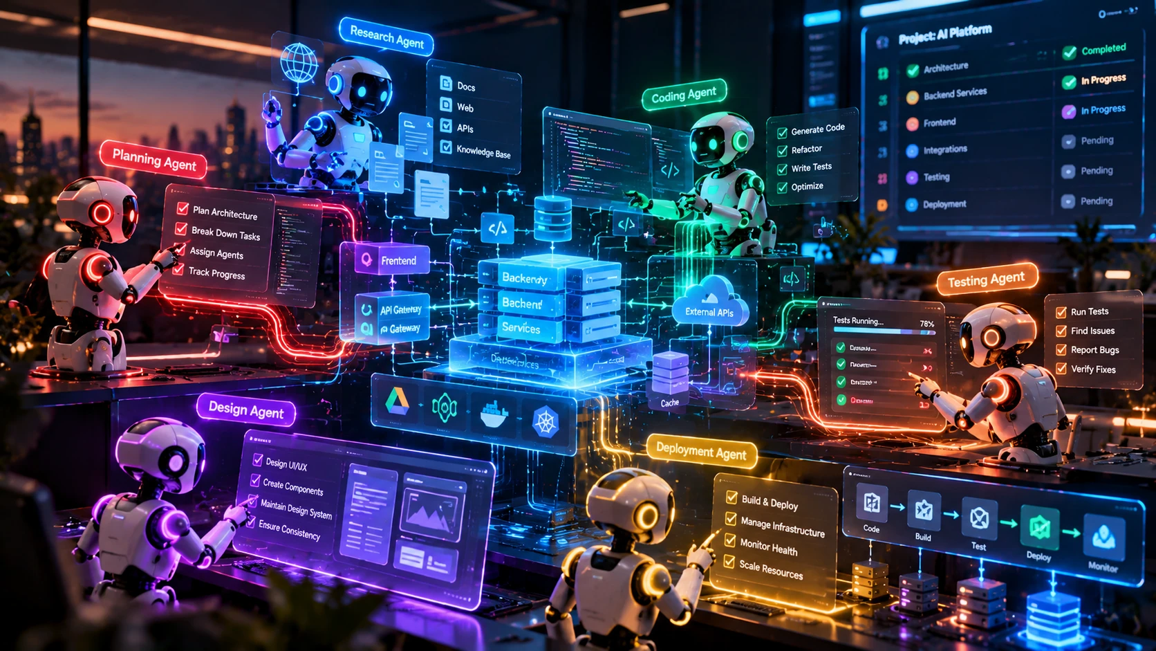 AI agents for research, design, coding, testing and deployment working together on a project dashboard