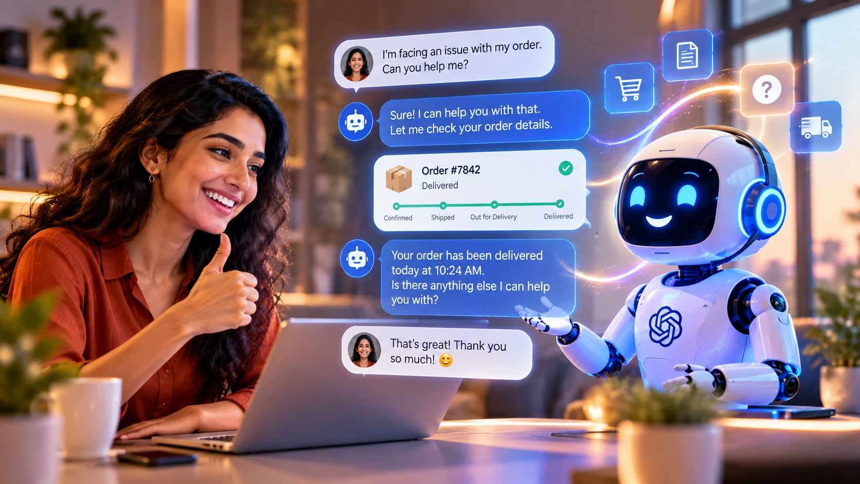 A customer chatting with an AI assistant about an order while the assistant confirms the delivery status