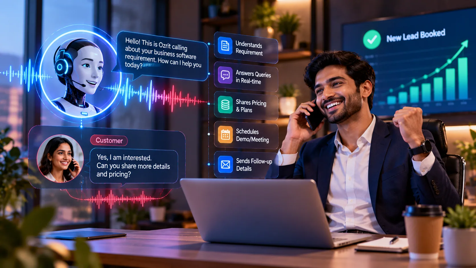 A voice assistant qualifying a caller and booking a lead while a salesperson watches the result on a dashboard