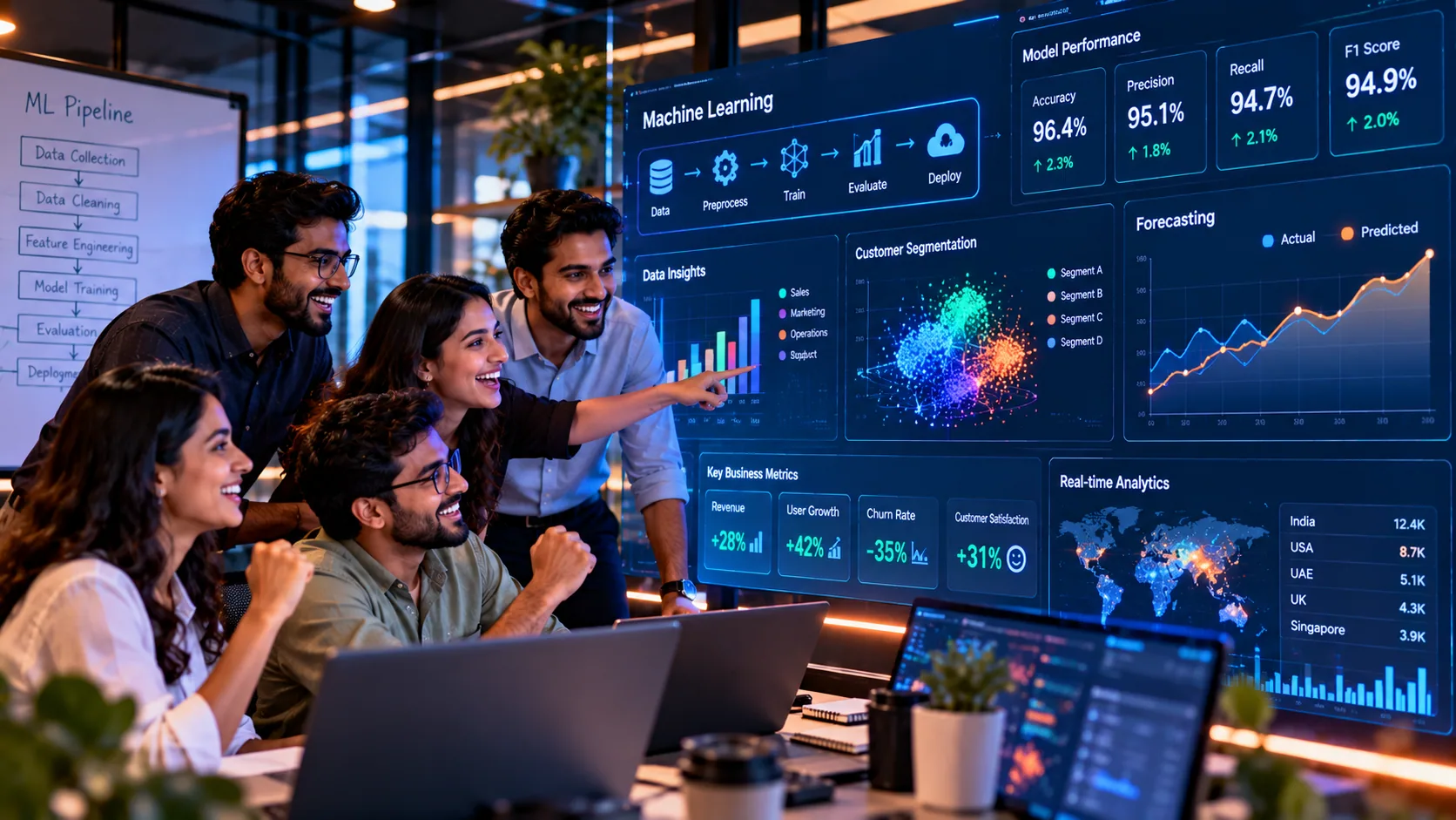 A team reviewing model accuracy, forecasting and analytics dashboards together