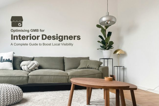 Modern living room with a green sofa and indoor plants, featuring text about GMB for interior designers to boost.