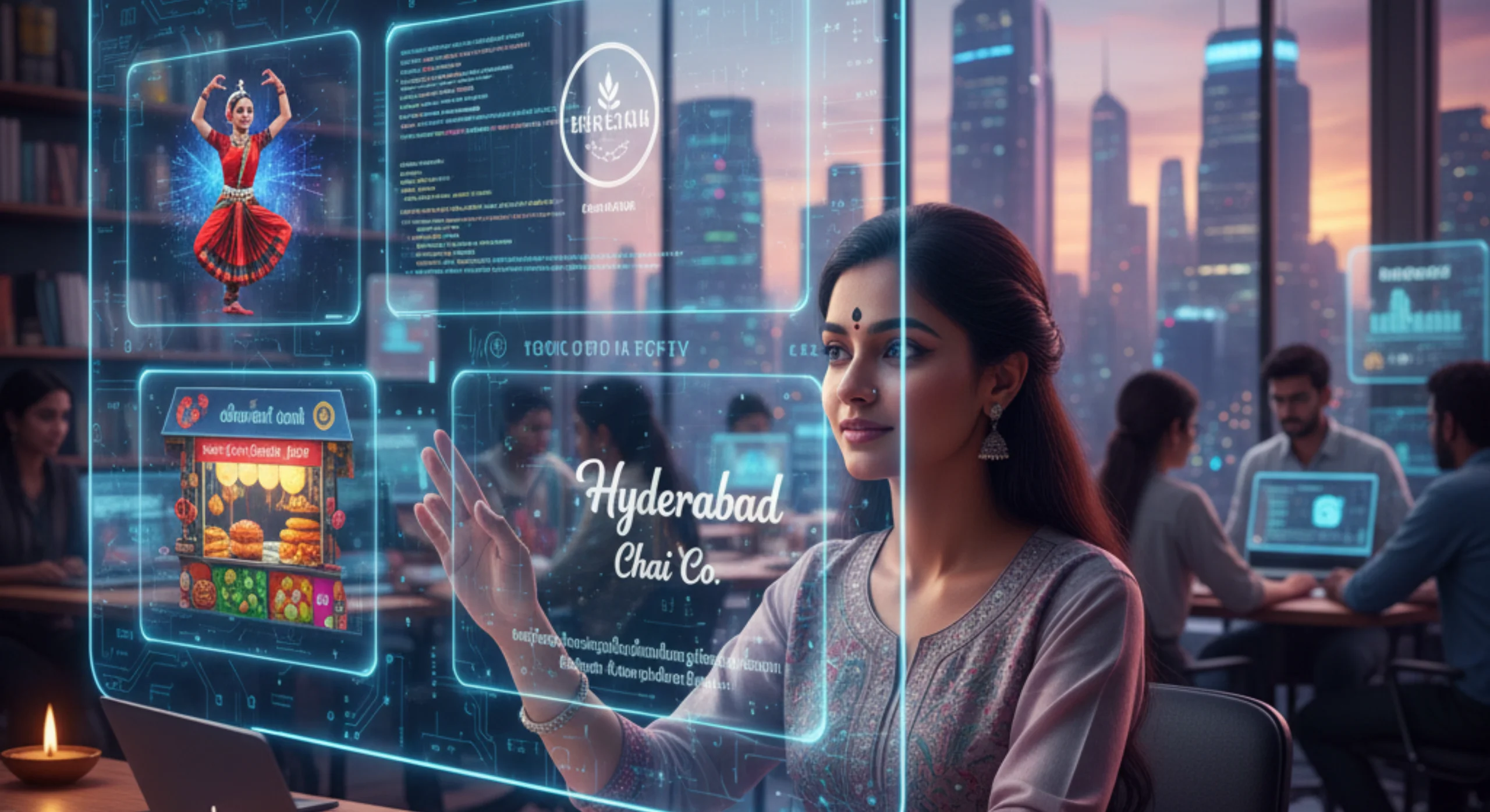 Indian woman interacting with Generative AI interface displaying creative content like Bharatanatyam dancer, Hyderabad Chai Co. logo, and code.
