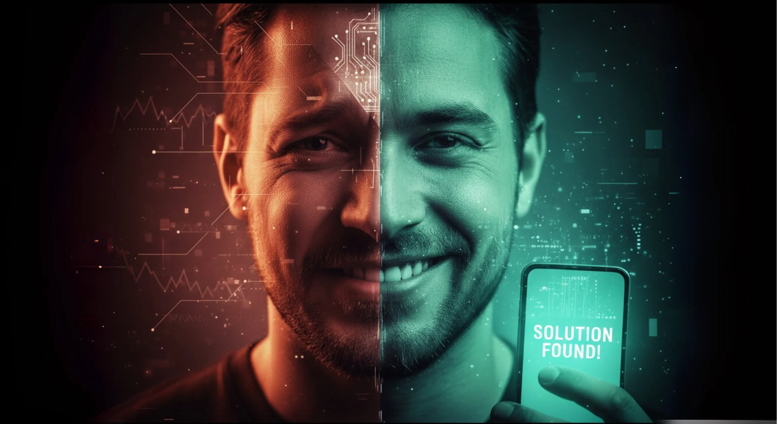 A split image of a man's face. ChatGPT Solutions The left side is illuminated in red and covered with jagged digital lines, depicting frustration. The right side is lit in green with flowing digital lines, showing him smiling and holding a smartphone displaying "SOLUTION FOUND!", symbolizing relief and problem resolution.