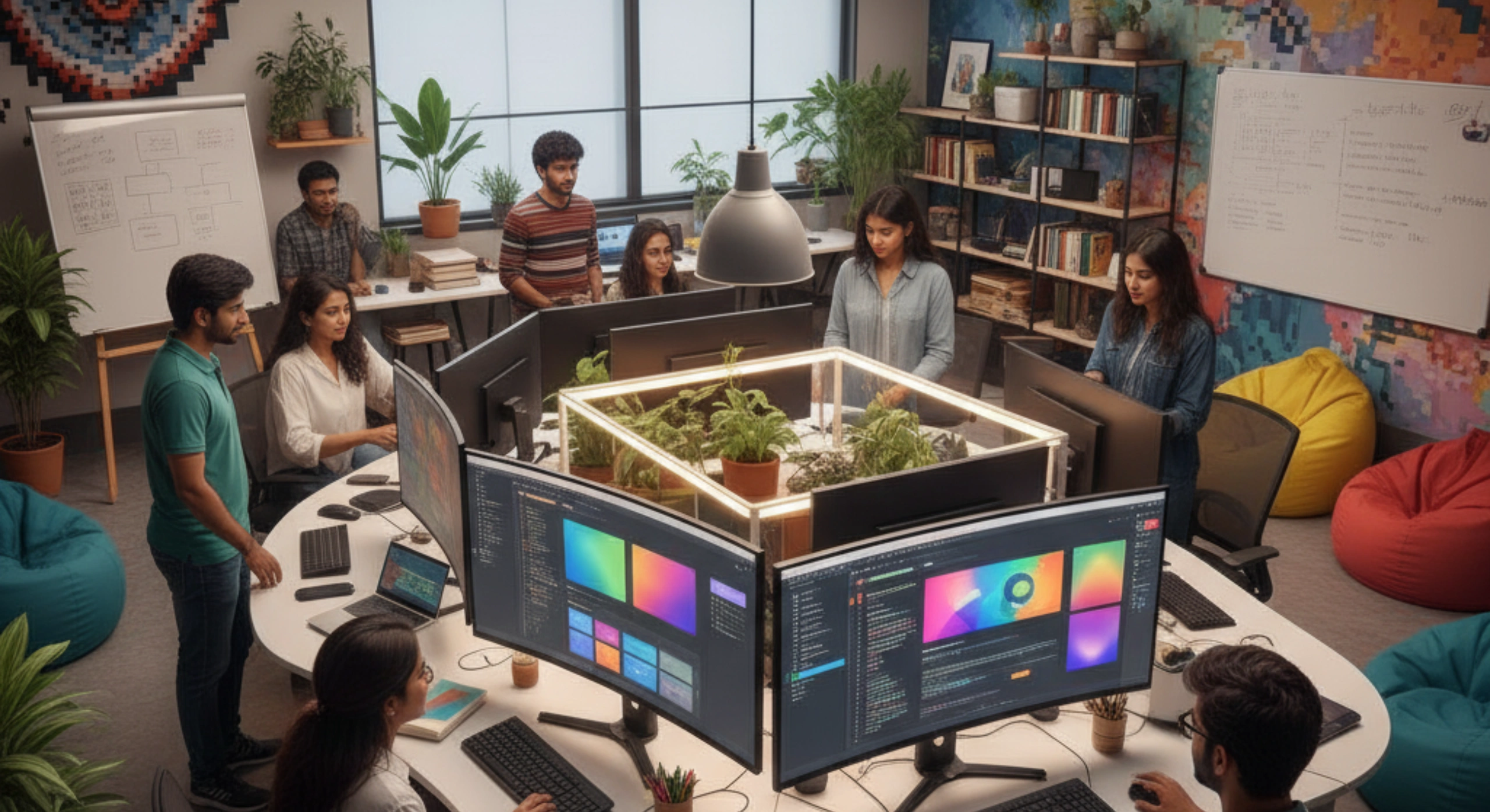 A vibrant and modern open-plan office features a diverse team of Indian web designers and frontend developers actively collaborating. The main focus is a large, irregularly shaped white desk where several individuals are seated, each with multiple monitors displaying colorful user interface mockups, code, and design tools. In the center of this desk setup is a planter box with various green plants. Other team members are visible standing or working at individual desks in the background. The office is decorated with a colorful, abstract mural on one wall, a pixel-art-inspired circular design, whiteboards with flowcharts and notes, and several brightly colored beanbag chairs in shades of red and blue. Potted plants are strategically placed throughout the space, and warm lighting illuminates the scene, creating a lively and collaborative digital workspace feel.