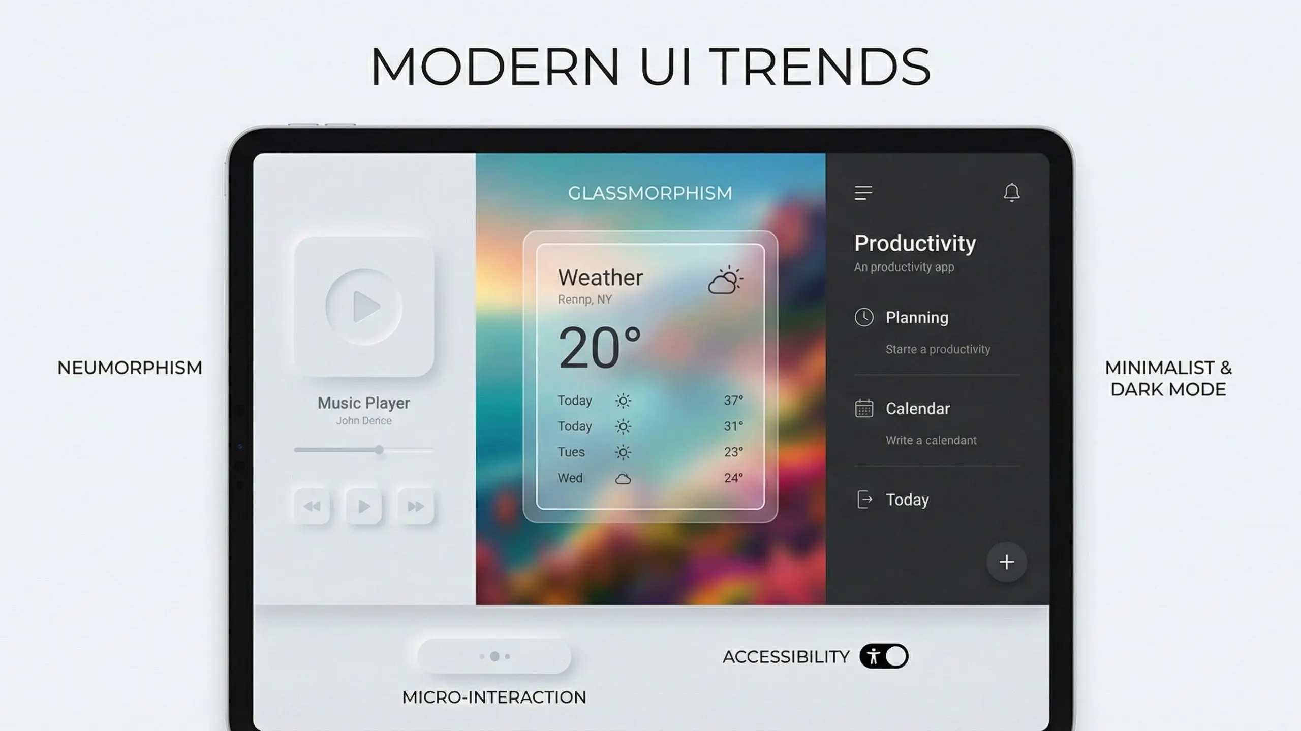Infographic on a tablet showcasing modern UI trends, including neumorphism, glassmorphism, minimalist dark mode, micro-interactions, and accessibility features.