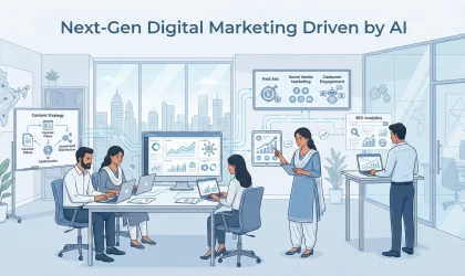 Illustration showing AI-driven digital marketing with SEO analytics, content strategy, paid ads, social media marketing, and data-driven insights in an Indian business environment.
