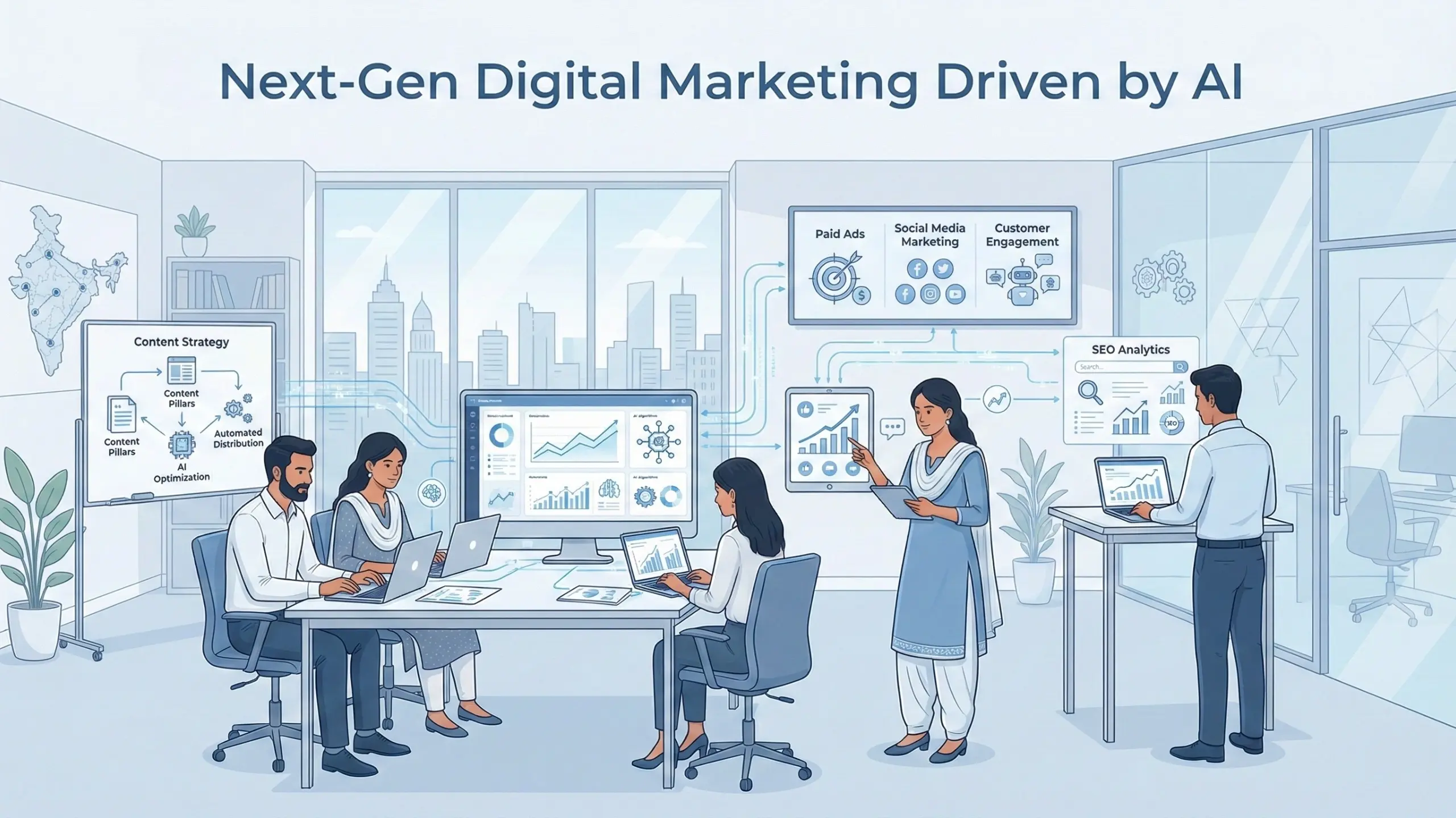 Illustration showing AI-driven digital marketing with SEO analytics, content strategy, paid ads, social media marketing, and data-driven insights in an Indian business environment.