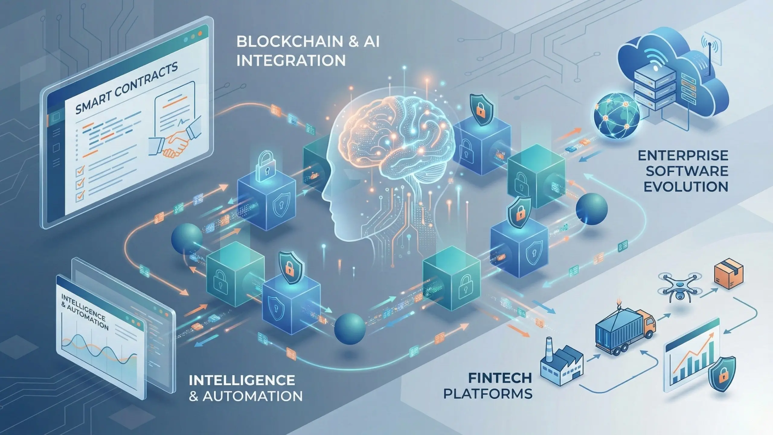 Illustration showing blockchain and AI integration with smart contracts, secure data blocks, intelligent automation, fintech platforms, and enterprise software systems connected through decentralised networks.