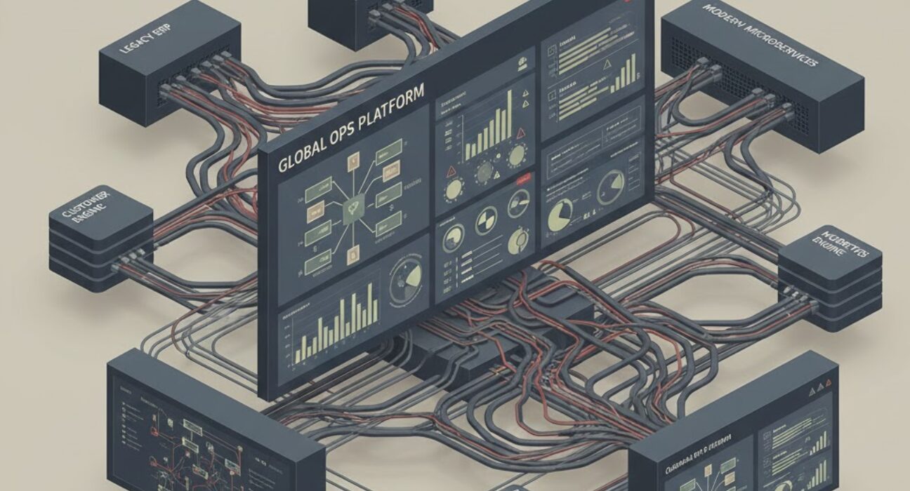 Illustration showing complex enterprise operations platform architecture with overloaded workflows, multiple system integrations, and governance challenges at large scale