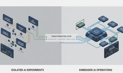 Enterprise operations platform showing AI integrated into workflows, data pipelines, governance, and decision systems for scalable business impact