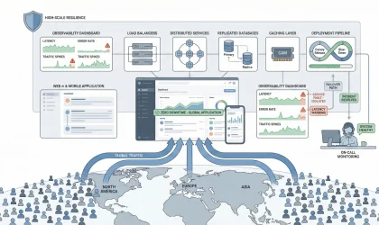 Illustration of a global customer-facing application architecture showing load balancers, distributed services, replicated databases, caching, deployment pipelines, observability dashboards, and on-call monitoring handling millions of users without downtime.