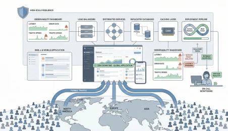 Illustration of a global customer-facing application architecture showing load balancers, distributed services, replicated databases, caching, deployment pipelines, observability dashboards, and on-call monitoring handling millions of users without downtime.