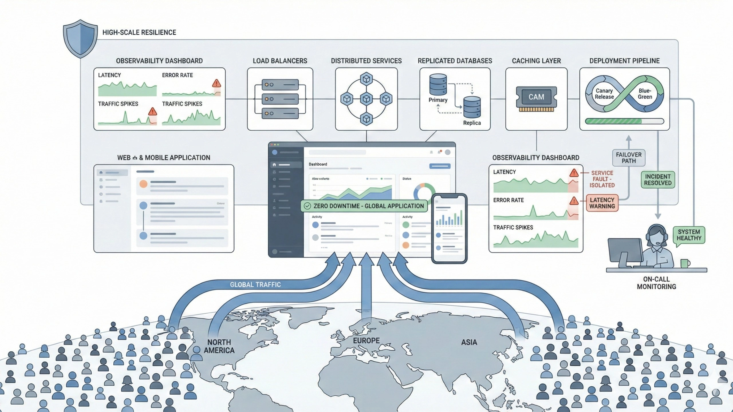 Illustration of a global customer-facing application architecture showing load balancers, distributed services, replicated databases, caching, deployment pipelines, observability dashboards, and on-call monitoring handling millions of users without downtime.