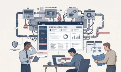 Illustration showing an enterprise internal portal connected to ERP, legacy databases, SaaS tools, and APIs, highlighting integration errors, governance gaps, missed deadlines, and frustrated teams.