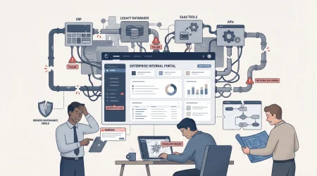 Illustration showing an enterprise internal portal connected to ERP, legacy databases, SaaS tools, and APIs, highlighting integration errors, governance gaps, missed deadlines, and frustrated teams.