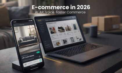 Illustration of modern e-commerce trends showing AI personalization, augmented reality shopping, voice commerce, and fast local delivery in India