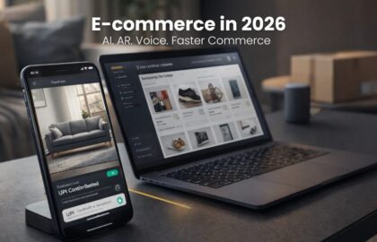 Top E-commerce Trends to Watch in 2026 (AI, AR, Voice & More) Illustration of modern e-commerce trends showing AI personalization, augmented reality shopping, voice commerce, and fast local delivery in India