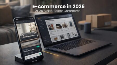 Top E-commerce Trends to Watch in 2026 (AI, AR, Voice & More) Illustration of modern e-commerce trends showing AI personalization, augmented reality shopping, voice commerce, and fast local delivery in India