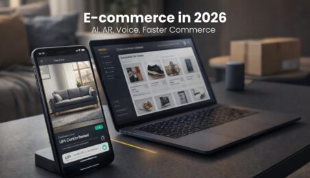 Illustration of modern e-commerce trends showing AI personalization, augmented reality shopping, voice commerce, and fast local delivery in India