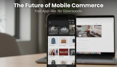 Mobile shopper using a fast Progressive Web App on a smartphone, showing app-like experience without downloading an app