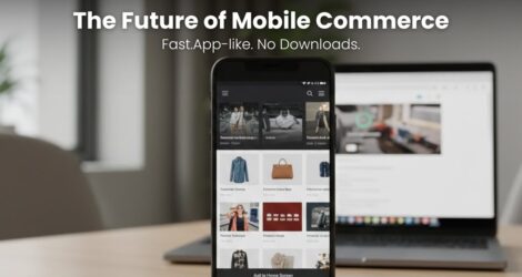 Mobile shopper using a fast Progressive Web App on a smartphone, showing app-like experience without downloading an app