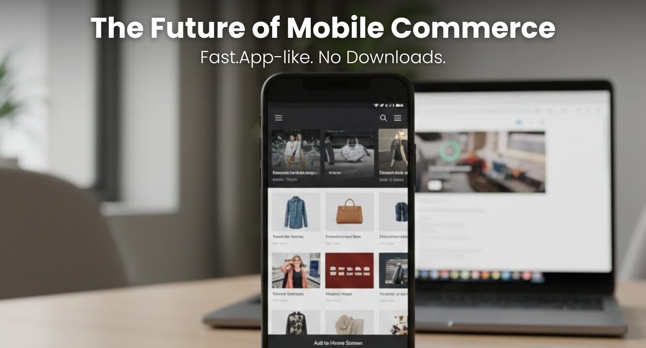Mobile shopper using a fast Progressive Web App on a smartphone, showing app-like experience without downloading an app