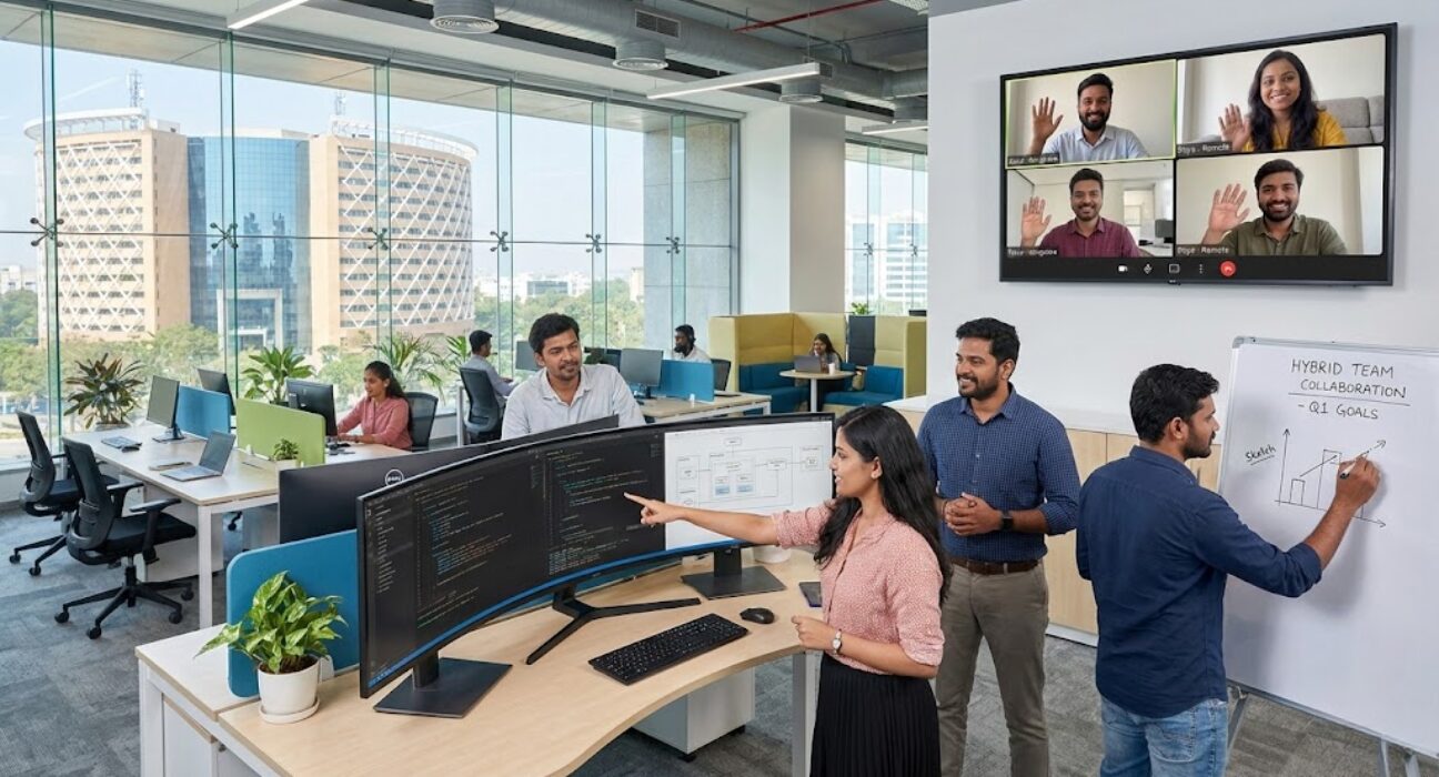 Hybrid tech team collaboration with in-house and outsourced developers working together on software development