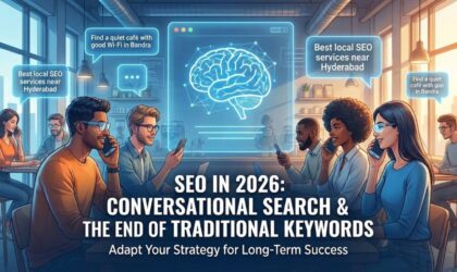 Conversational search and AI-driven SEO concept showing natural language queries in 2026