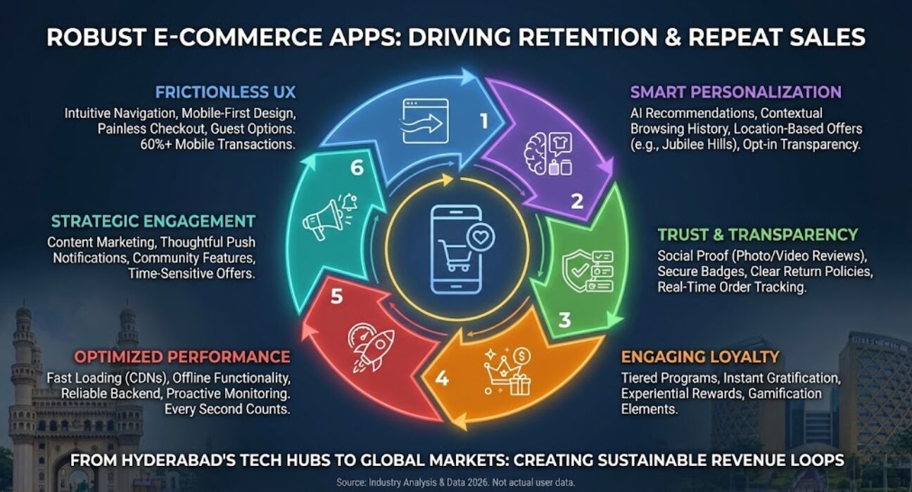 E-commerce app user journey showing retention, loyalty loops, and repeat purchases.