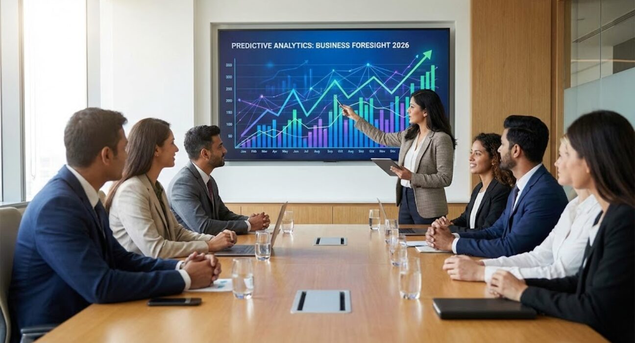 Predictive analytics dashboard showing business forecasts and trends in 2026