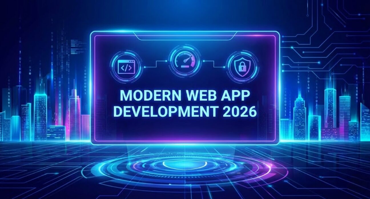Modern web application architecture showing performance, security, and scalable frameworks in 2026