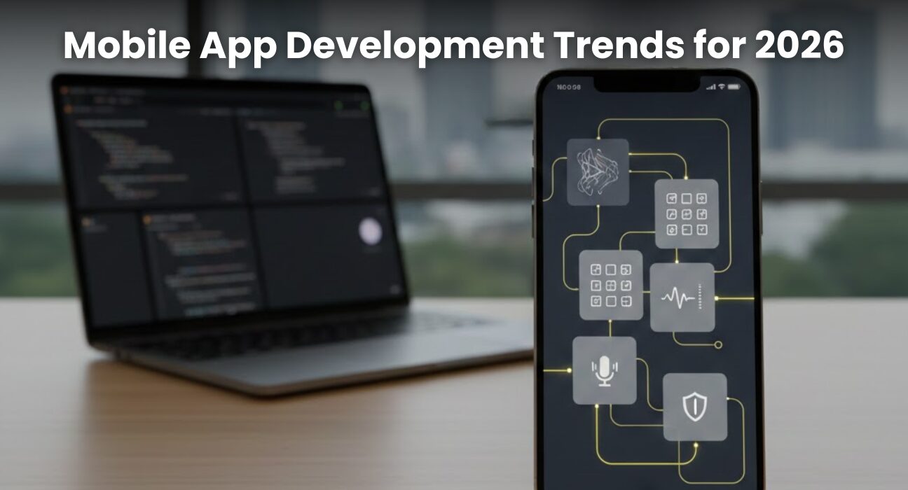 A modern smartphone displaying intelligent mobile app interfaces with AI features, voice controls, and real-time experiences representing 2026 app development trends.