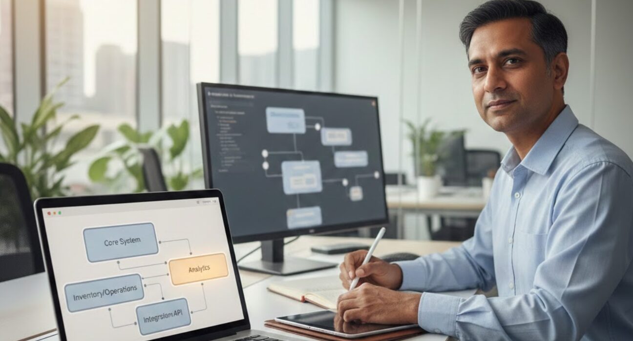 Illustration showing generative AI accelerating custom software development for Indian businesses in 2026