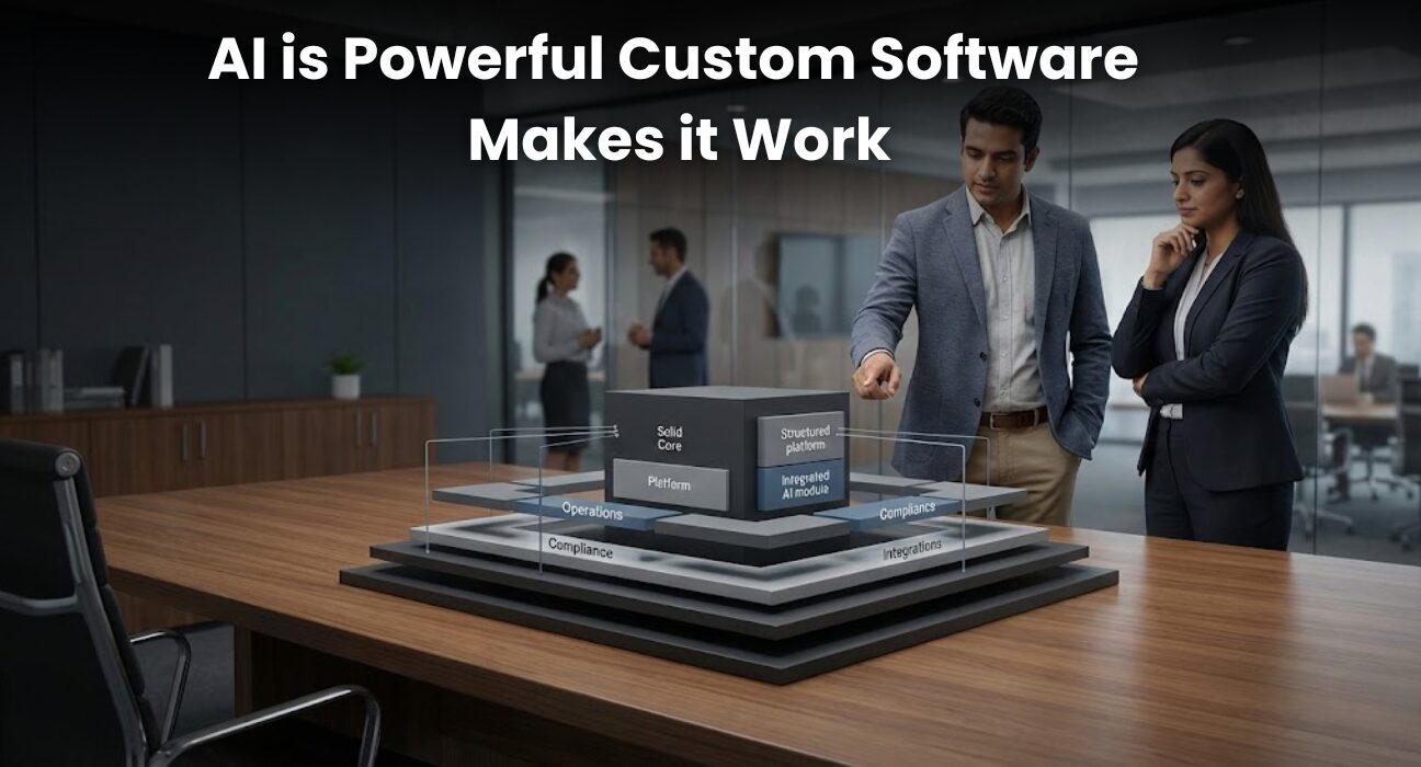 Indian business team reviewing a custom software dashboard with AI-powered analytics in a modern office environment