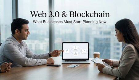 Indian business professionals discussing Web 3.0 and blockchain strategy using digital dashboards in a modern office. Web3 Blockchain Business Planning India 2026