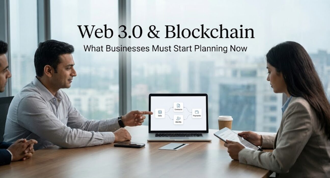 Indian business professionals discussing Web 3.0 and blockchain strategy using digital dashboards in a modern office. Web3 Blockchain Business Planning India 2026