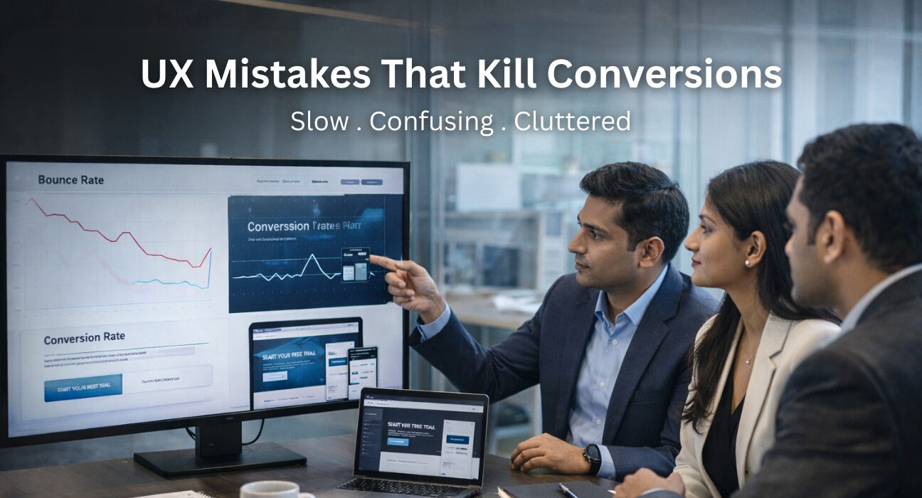 Indian business professional reviewing website analytics on laptop highlighting UX issues like slow loading, poor navigation, and weak call-to-action design.